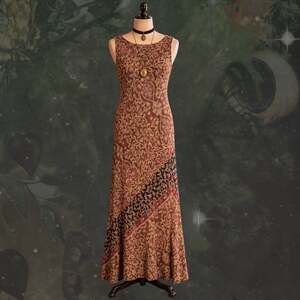 Brown Floral Rayon Maxi Dress with Mesh Underdress, Size 4